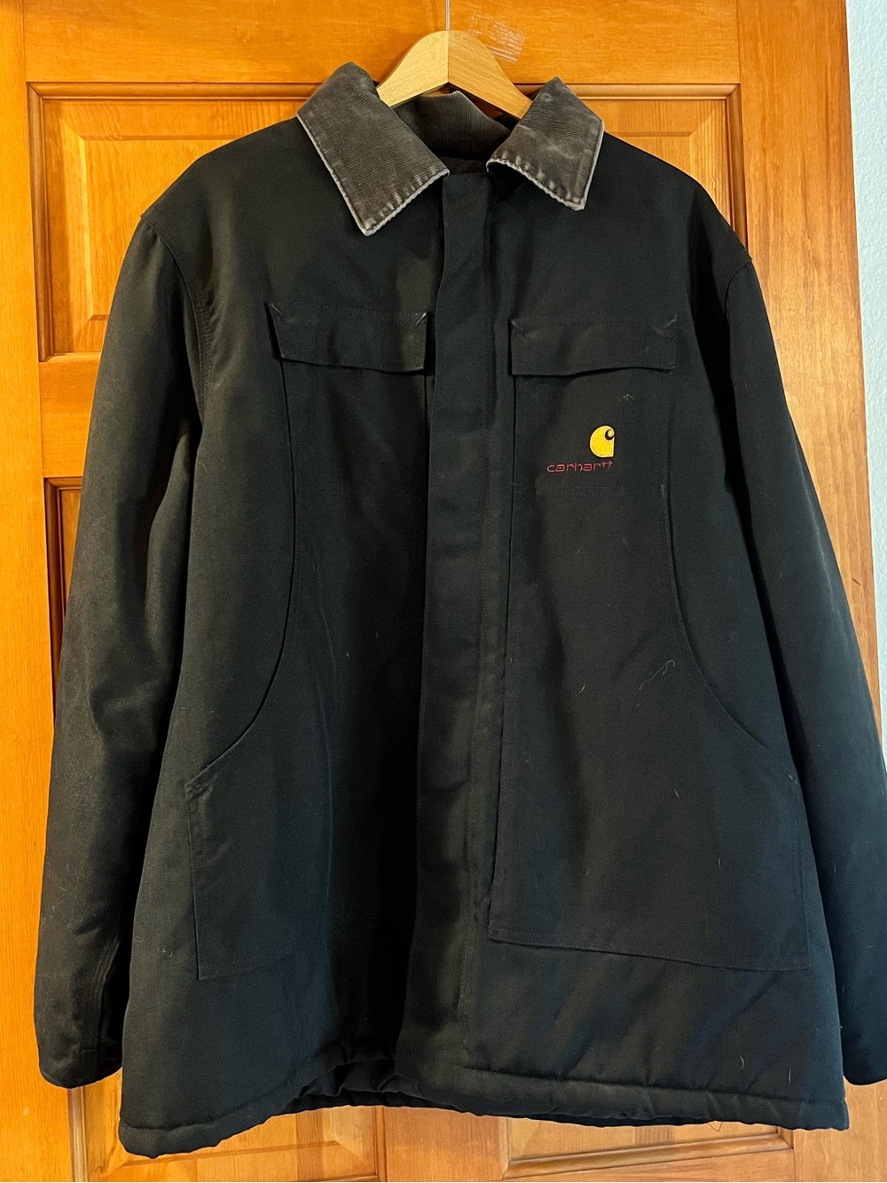 Carhartt Men's Black Jacket with Contrasting Gray Corduroy Collar